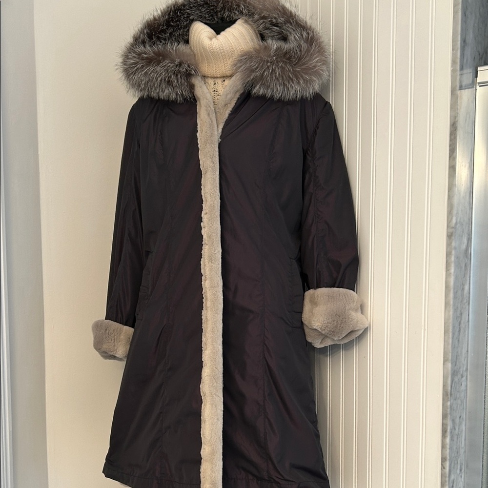 Elegant Custom Reversible Black nylon and Genuine Sheared Beaver Coat Fox Trim